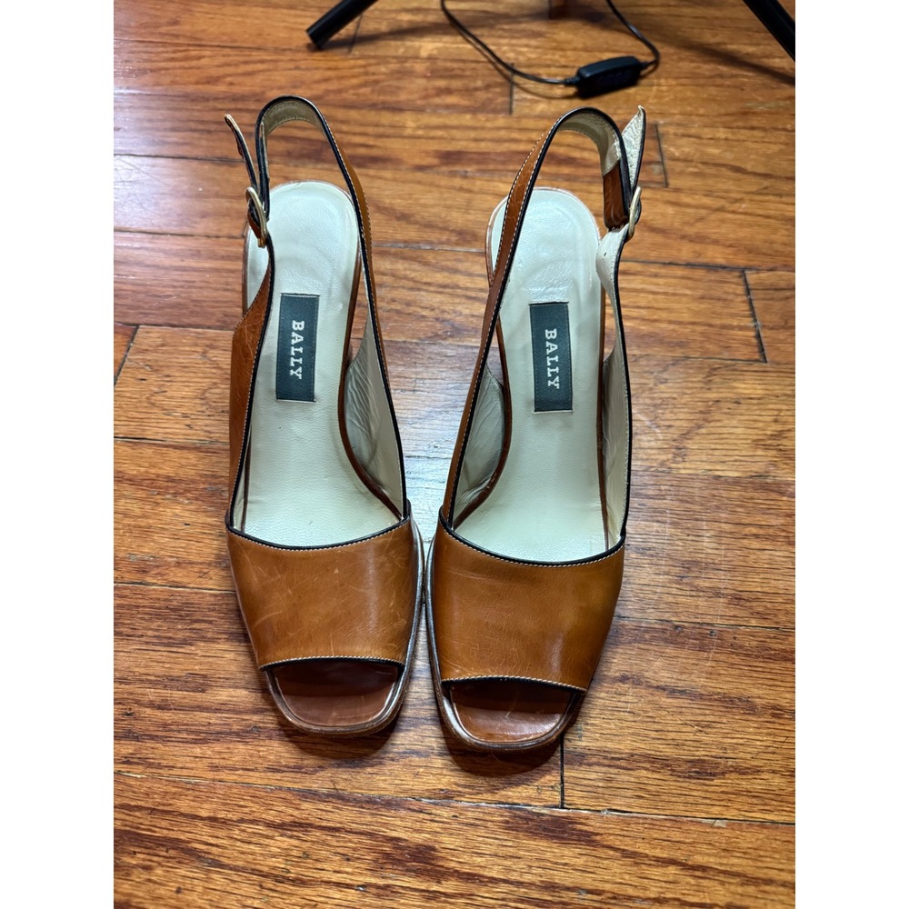 Bally Felicity Tan Leather Slingback Peep Toe Block Heels Made in Italy Sz 8 N